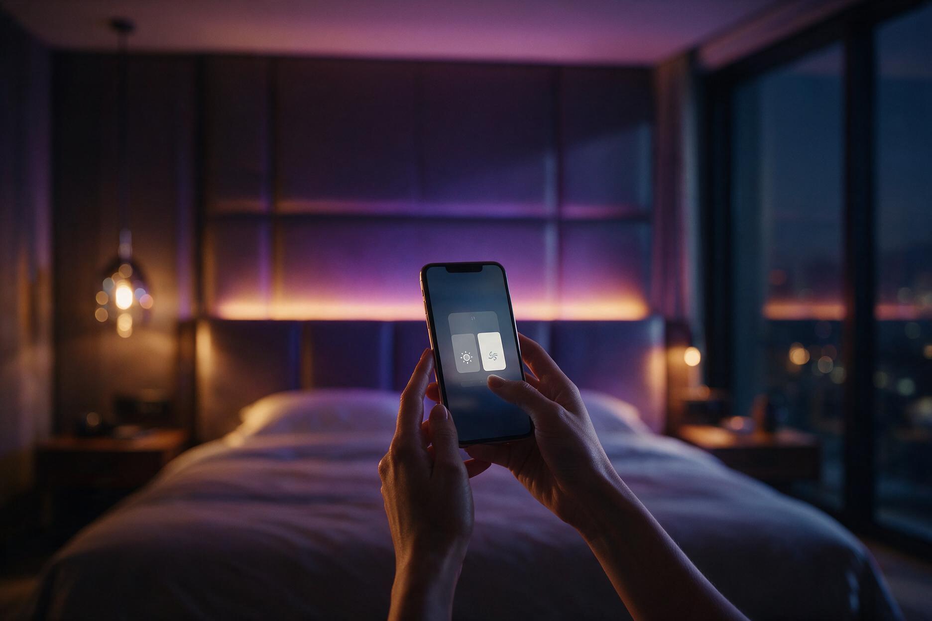 Hóspede controlando a luz e o ar-condicionado da suíte pelo celular